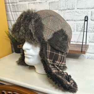 Urban Pipeline Plaid Wool Trapper Hat, Faux Fur